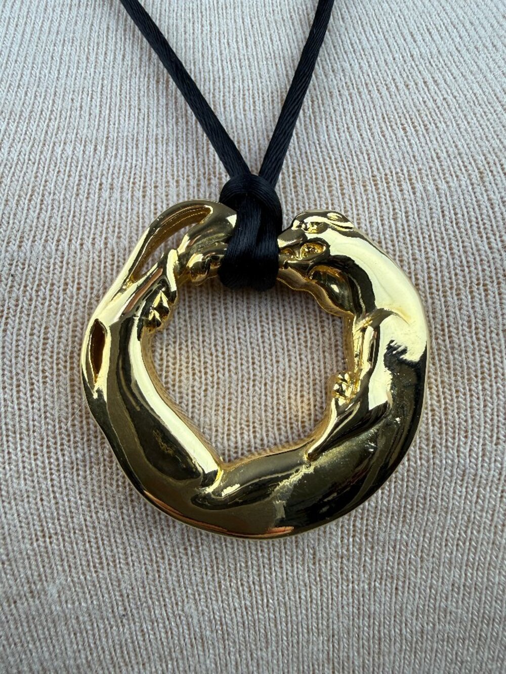 Vintage JJ Dog Cat Animal Abstract Love Pendant Gold Tone Black Cord 30"